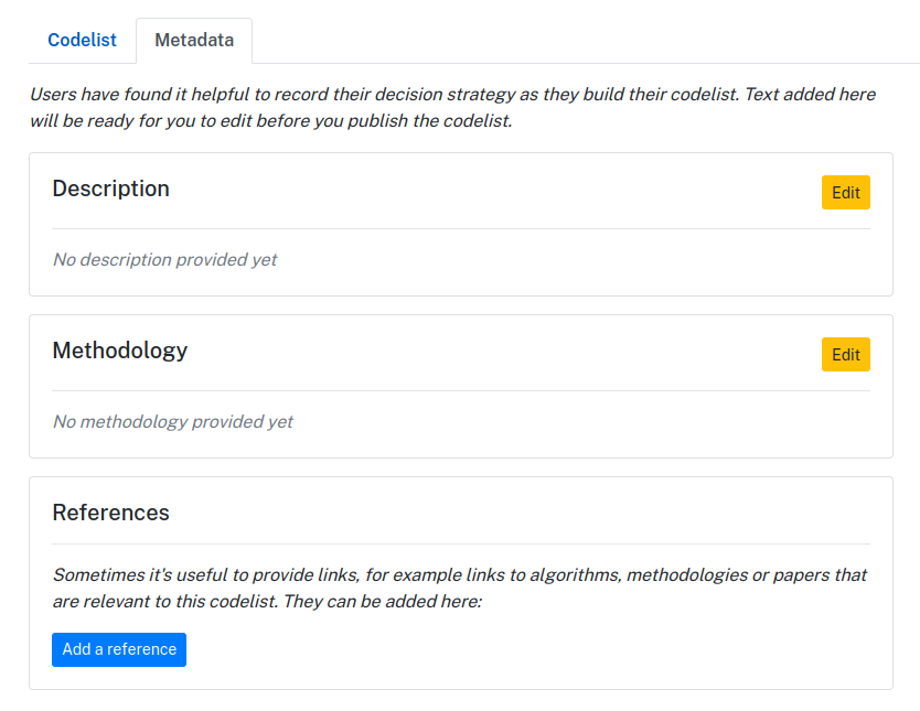 New metadata tab for a codelist in draft