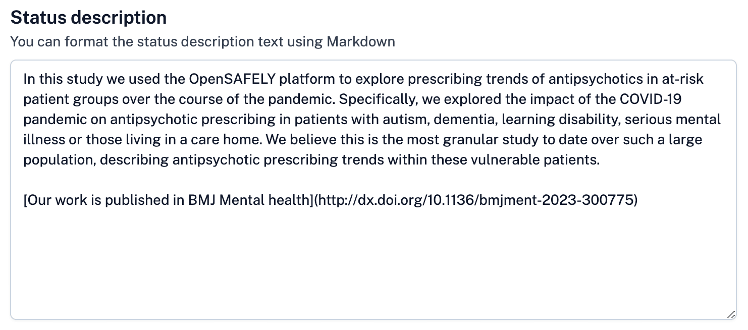 Form field for “Status description” containing a message formatted with Makdown