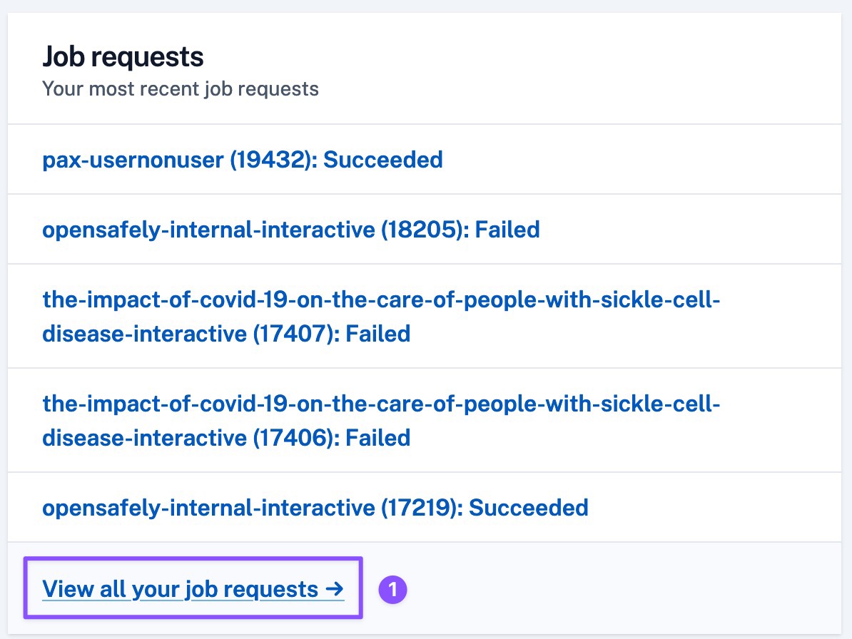 “Job requests” card on Job Server home page, with link “View all your job requests” highlighted